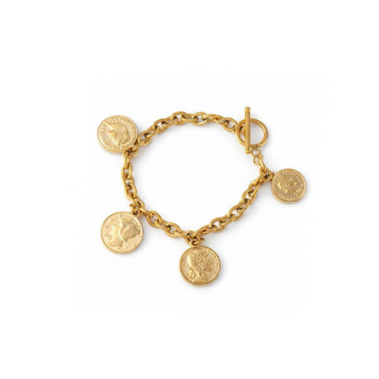 Bracelet Grelot, chaîne dorée à médailles et fermoir en T