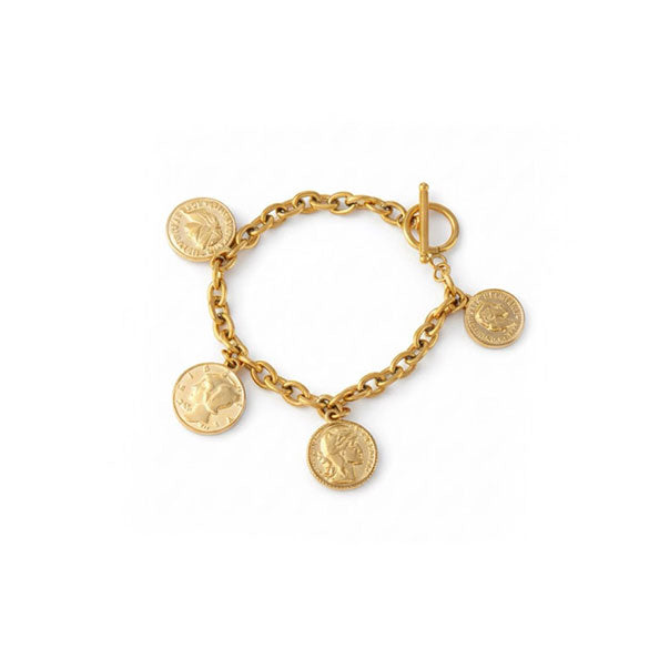 Bracelet Grelot, chaîne dorée à médailles et fermoir en T