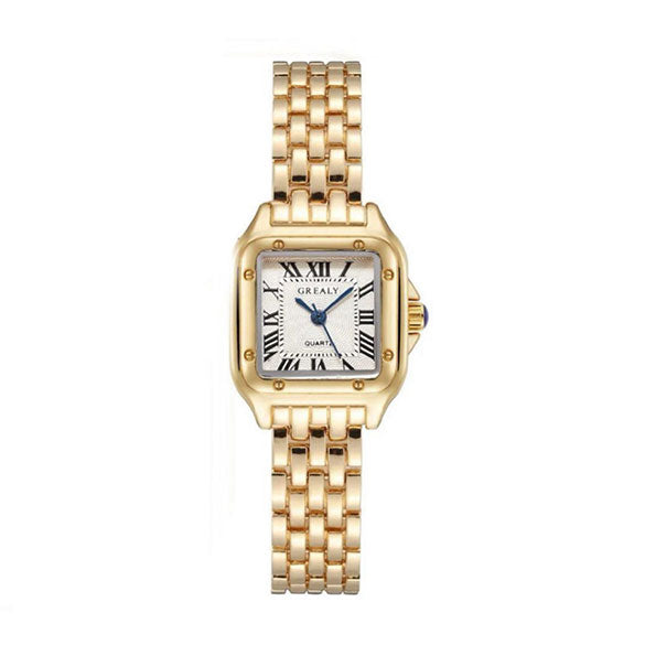 Montre Oraya, cadran carré à chiffres romains et bracelet doré